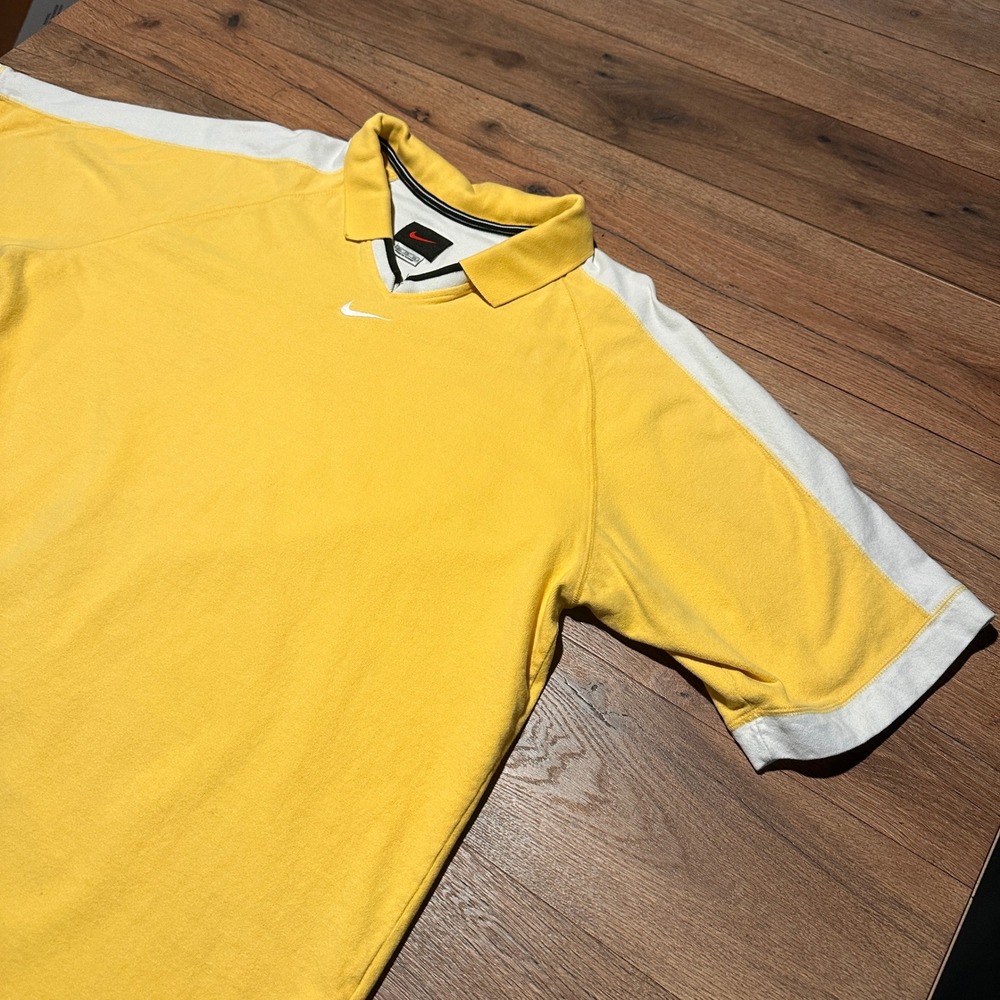 Vintage Nike Center Swoosh Yellow White Stripe V-Neck Polo Shirt Mens XXL